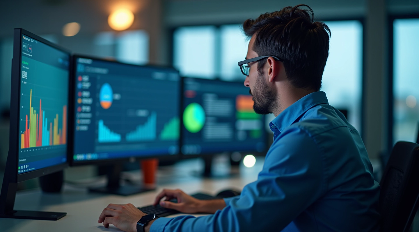 Analista trabalhando com visualizações de dados em computador moderno, mostrando gráficos coloridos e números em tela
