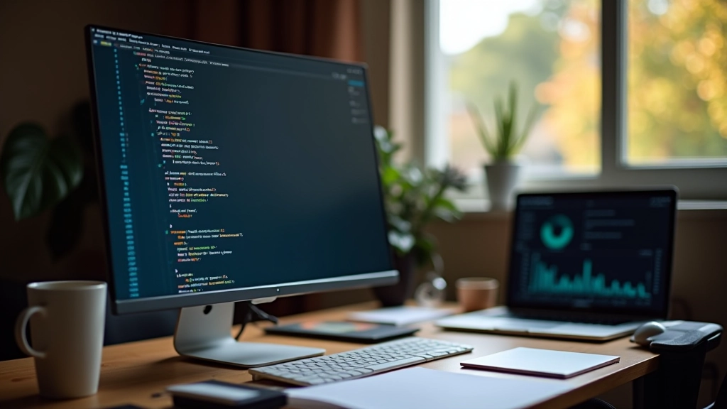 Ambiente de trabalho de analista de dados com código Python em monitor, café e anotações espalhadas na secretária