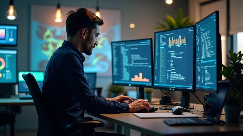Desenvolvedor analisando código JavaScript com visualizações D3.js em segundo plano, ambiente de programação moderno
