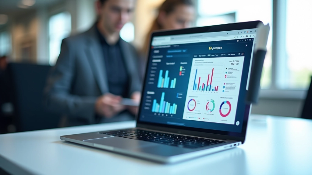 Computador portátil com visualização de dados e gráficos coloridos em ambiente de trabalho moderno